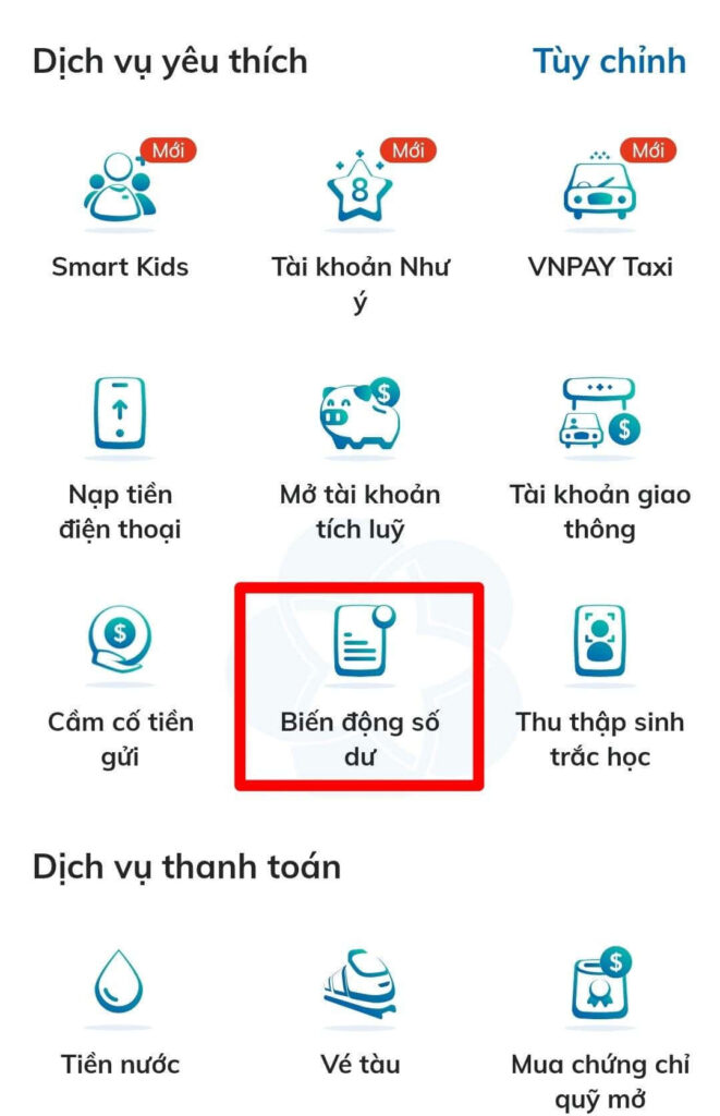 Nhấn chọn dịch vụ "Biến động số dư"